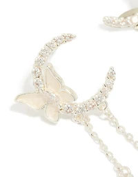 Silver Plated Cubic Zirconia Moon & Butterfly Drop Earrings