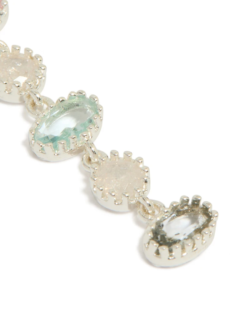 Silver Plated Pink & Blue Cubic Zirconia Oval & Round Stone Drop Earrings