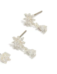 Silver Plated Cubic Zirconia Flower Teardrop Earrings 2- Pack