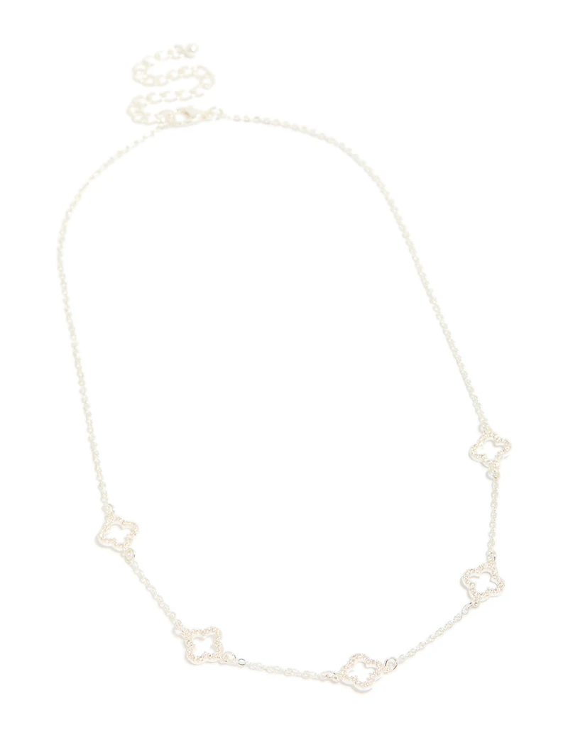 Silver Plated Cubic Zirconia Flower Charms Necklace