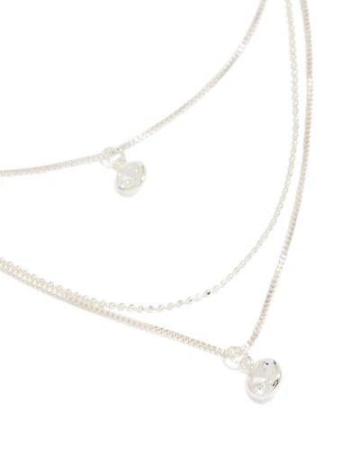 Silver Plated Cubic Zirconia Round Triple Layered Drop Necklace