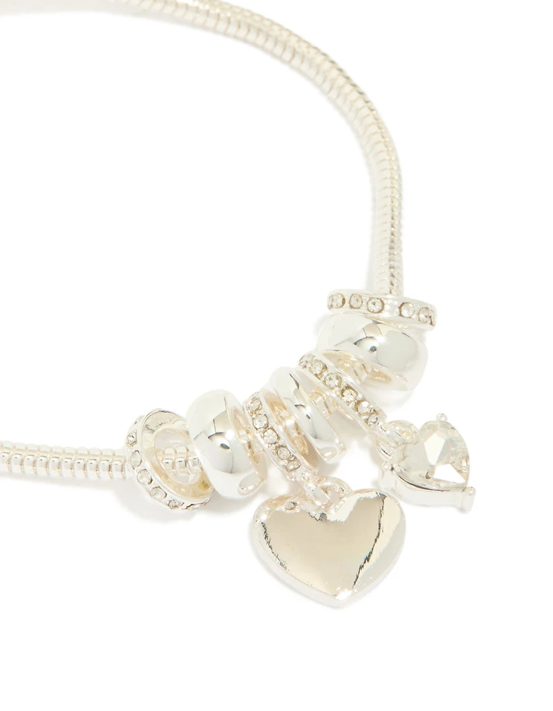 Silver Plated Diamante Heart Rondell Charms Toggle Bracelet
