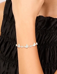 Silver Plated Smooth & Cubic Zirconia Butterfly Charms Inlay Toggle Bracelet