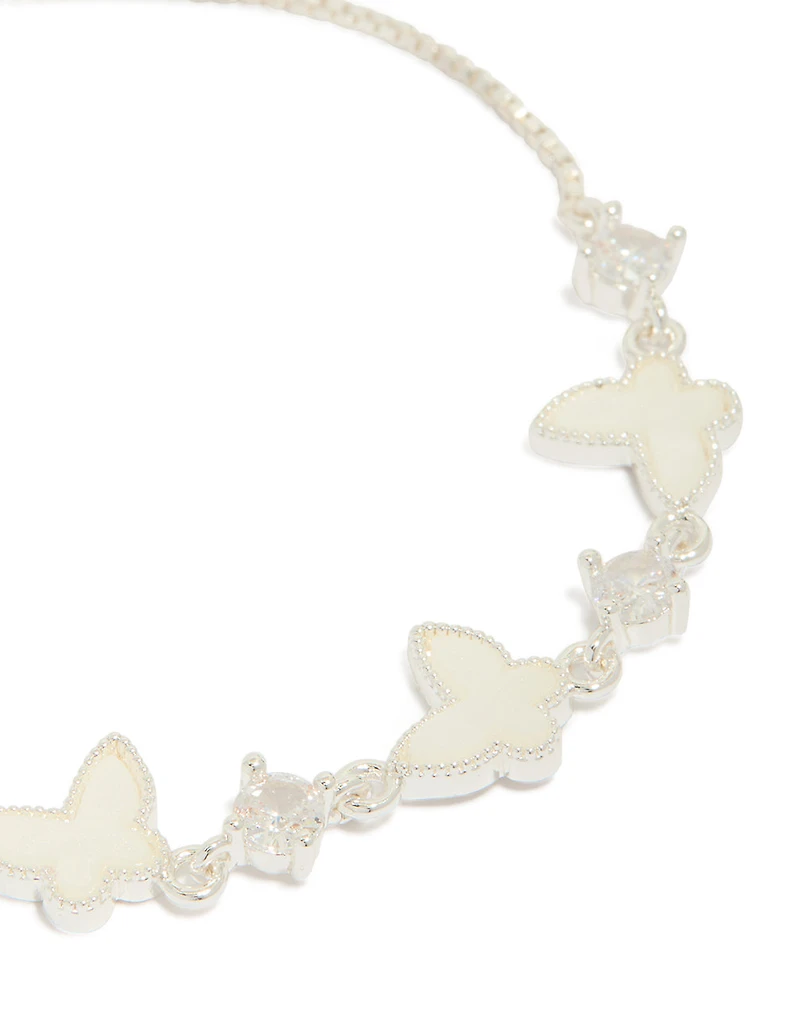 Silver Plated Smooth & Cubic Zirconia Butterfly Charms Inlay Toggle Bracelet