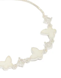 Silver Plated Smooth & Cubic Zirconia Butterfly Charms Inlay Toggle Bracelet