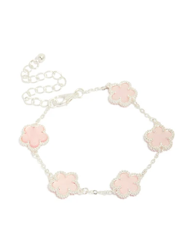 Silver Plated Pink Flower Charms Station Bracelet