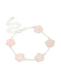 Silver Plated Pink Flower Charms Station Bracelet