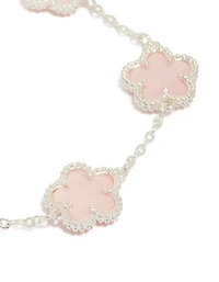 Silver Plated Pink Flower Charms Station Bracelet