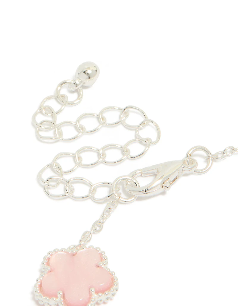Silver Plated Pink Flower Charms Station Bracelet