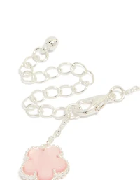 Silver Plated Pink Flower Charms Station Bracelet
