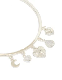 Silver Plated Moon & Heart Charm Toggle Bangle