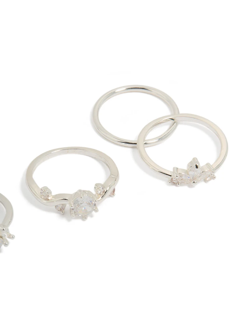 Silver Plated Cubic Zirconia Marquise Leaf Rings 4-Pack
