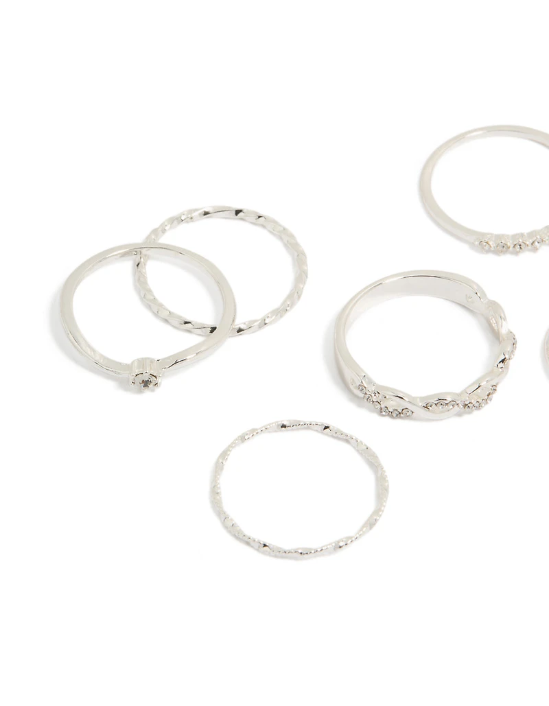 Silver Plated Diamante & Twisted Rings 6-Pack