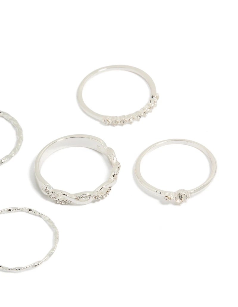 Silver Plated Diamante & Twisted Rings 6-Pack