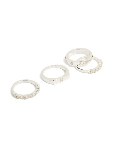 Silver Plated Diamante Inlay & Band Rings 4-Pack
