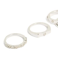 Silver Plated Diamante Inlay & Band Rings 4-Pack