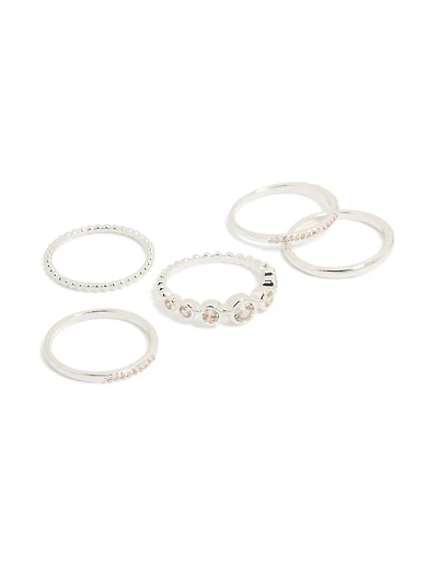 Silver Plated Cubic Zirconia Bezel Rings 5-Pack
