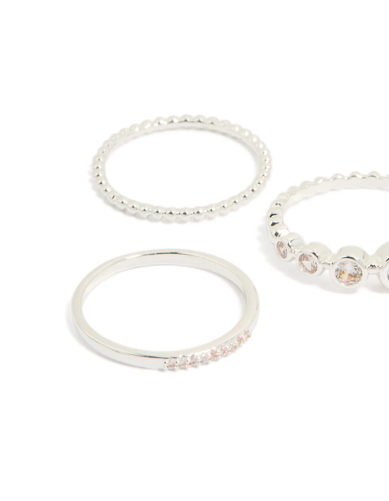 Silver Plated Cubic Zirconia Bezel Rings 5-Pack