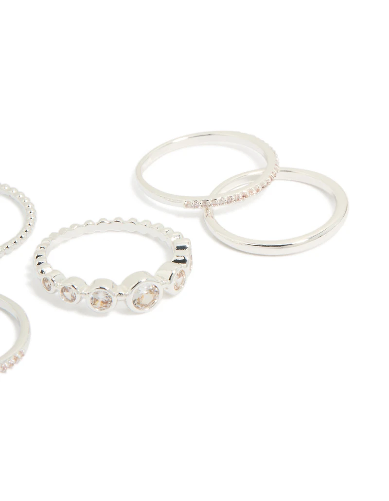 Silver Plated Cubic Zirconia Bezel Rings 5-Pack