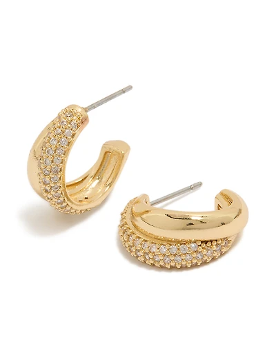 Gold Plated Cubic Zirconia Pavé & Plain Layered Hoop Earrings