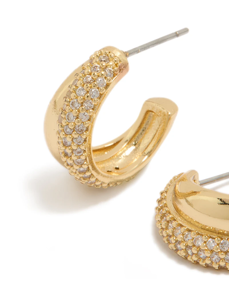 Gold Plated Cubic Zirconia Pavé & Plain Layered  Hoop Earrings