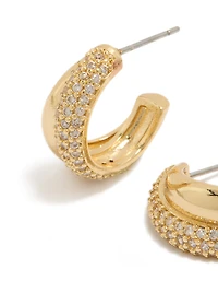 Gold Plated Cubic Zirconia Pavé & Plain Layered  Hoop Earrings