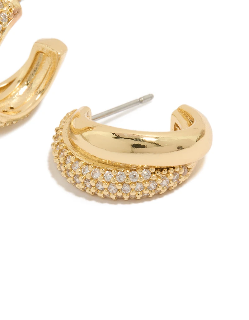 Gold Plated Cubic Zirconia Pavé & Plain Layered Hoop Earrings