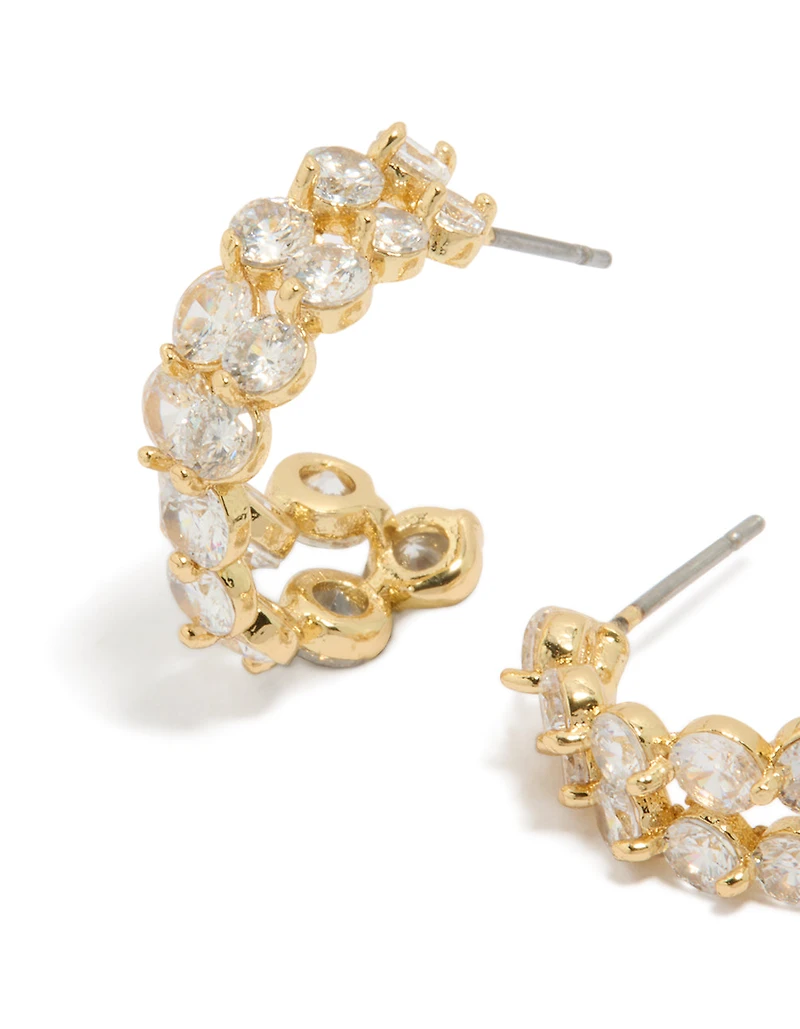 Gold Plated Cubic Zirconia Double Layered Small Hoop Earrings