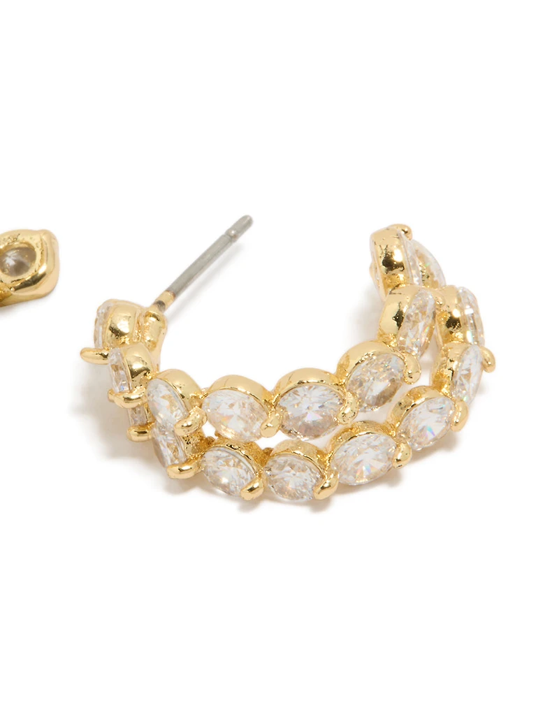 Gold Plated Cubic Zirconia Double Layered Small Hoop Earrings