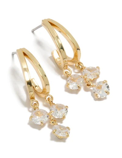 Gold Plated Cubic Zirconia Double Drop Hoop Earrings