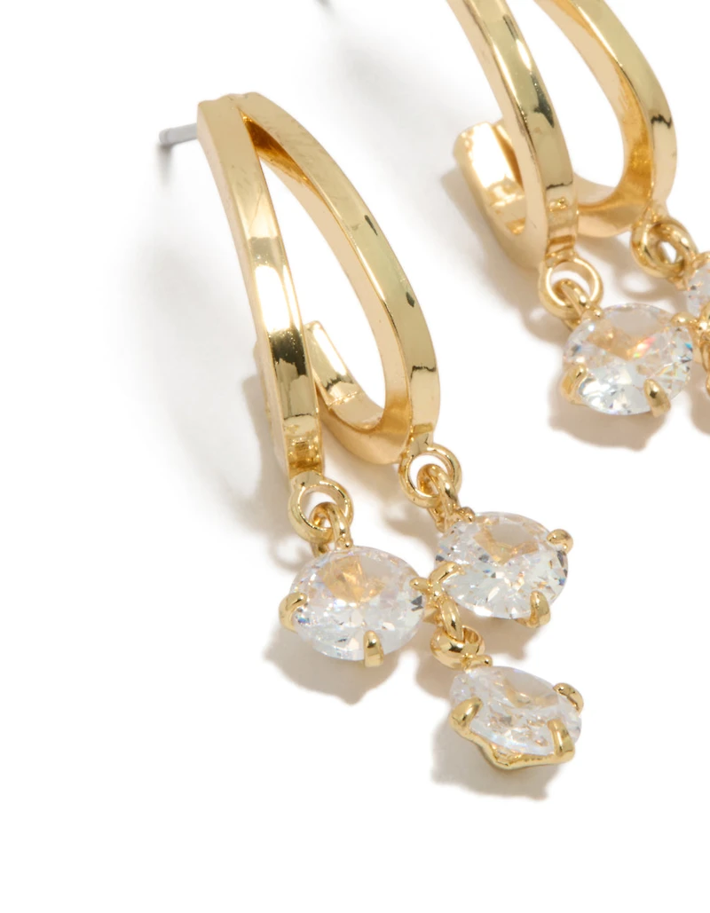 Gold Plated Cubic Zirconia Double Drop Hoop Earrings
