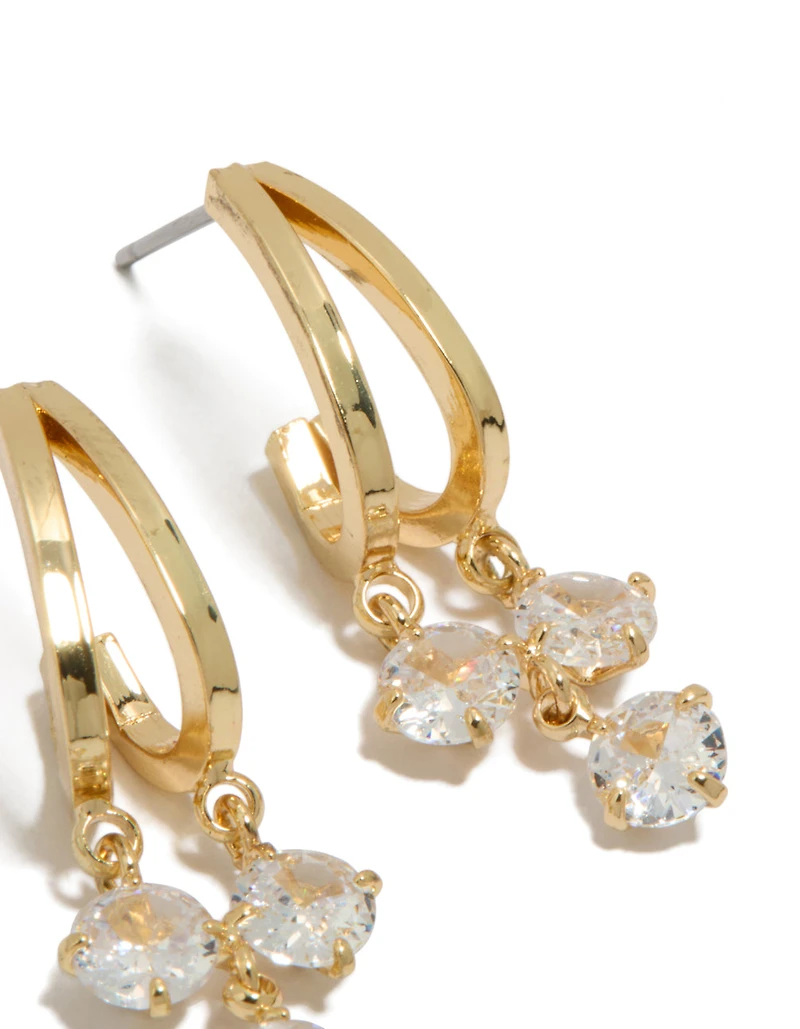 Gold Plated Cubic Zirconia Double Drop Hoop Earrings