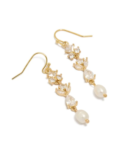 Gold Plated Cubic Zirconia & Freshwater Pearl Vine Hook Drop Earrings