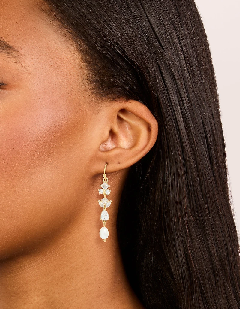 Gold Plated Cubic Zirconia & Freshwater Pearl Vine Hook Drop Earrings