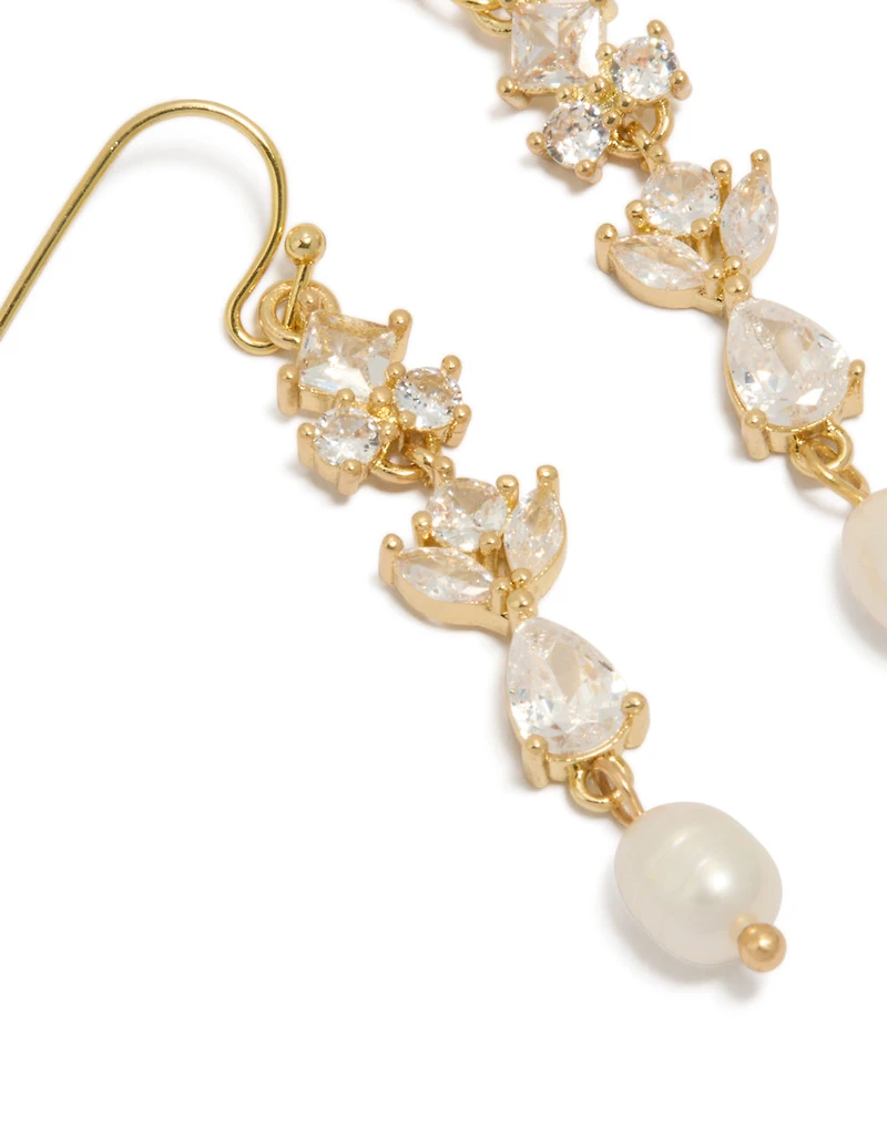 Gold Plated Cubic Zirconia & Freshwater Pearl Vine Hook Drop Earrings
