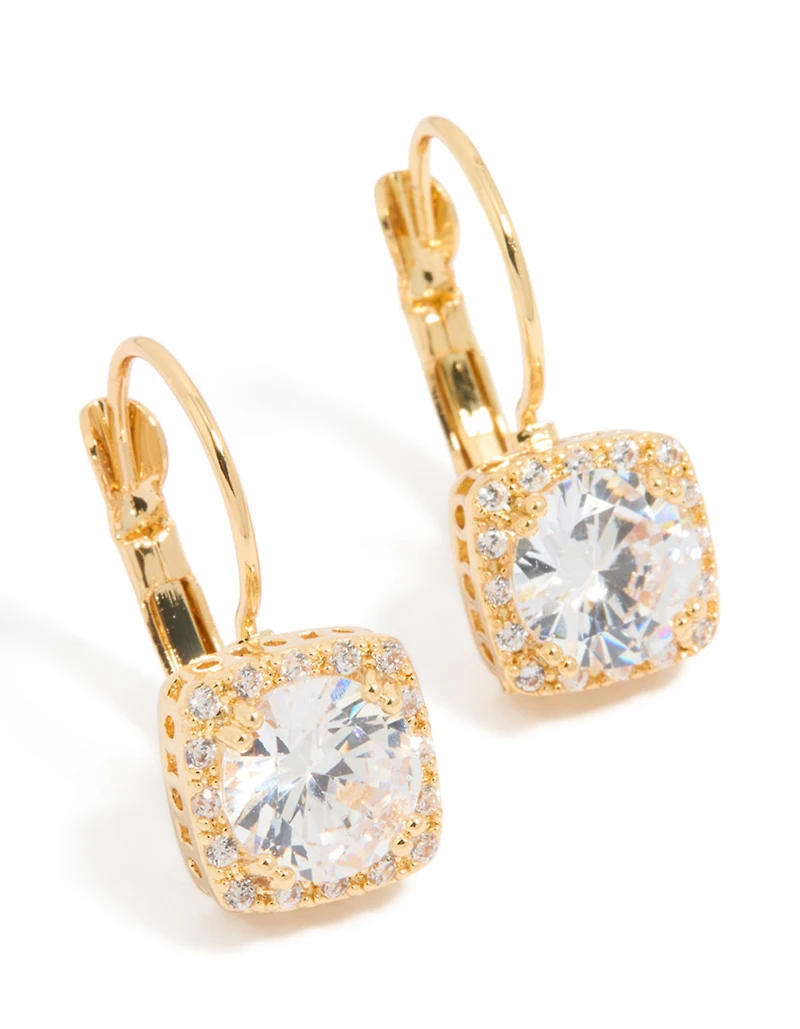 Gold Plated Cubic Zirconia Large Square Hook Drop Earrings