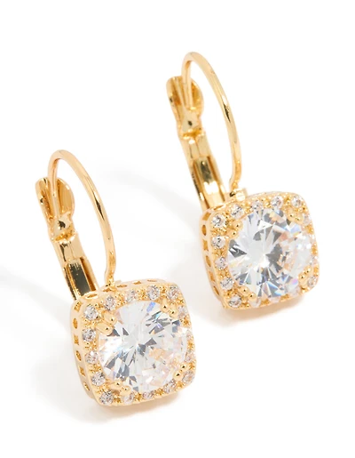 Gold Plated Cubic Zirconia Large Square Hook Drop Earrings