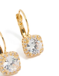 Gold Plated Cubic Zirconia Large Square Hook Drop Earrings