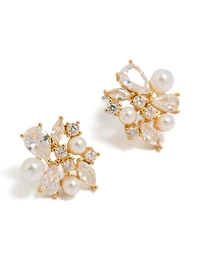 Gold Plated Cubic Zirconia & Pearl Cluster Stud Earrings