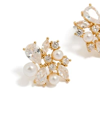 Gold Plated Cubic Zirconia & Pearl Cluster Stud Earrings