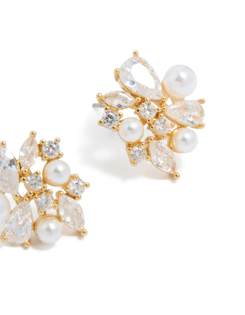 Gold Plated Cubic Zirconia & Pearl Cluster Stud Earrings
