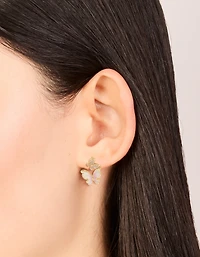 Gold Plated Small Pink  Enamel & Cubic Zirconia Butterfly Earrings