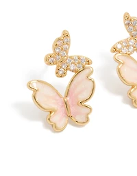 Gold Plated Small Pink  Enamel & Cubic Zirconia Butterfly Earrings