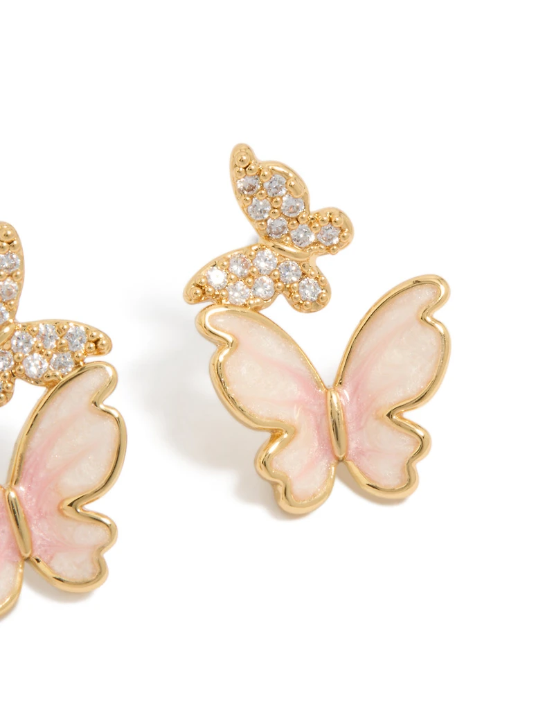 Gold Plated Small Pink  Enamel & Cubic Zirconia Butterfly Earrings
