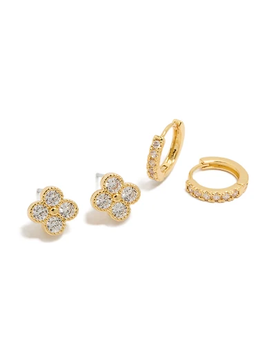 Gold Plated Cubic Zirconia Flower & Huggie Earrings 2-Pack