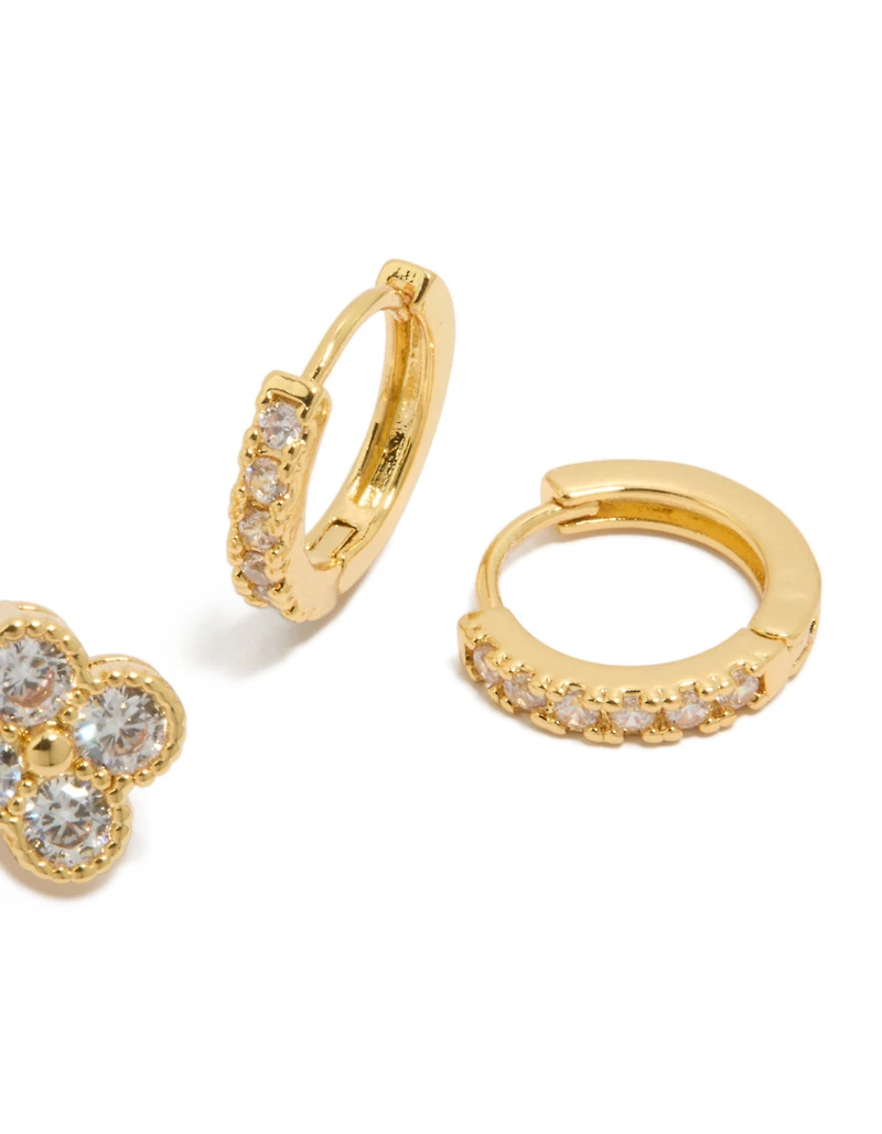 Gold Plated Cubic Zirconia Flower & Huggie Earrings 2-Pack
