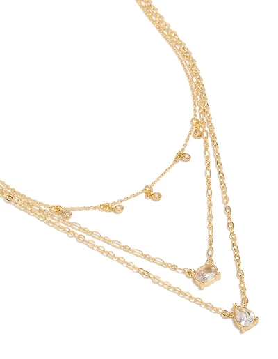 Gold Plated Cubic Zirconia Multi Shape Triple Layered Necklace