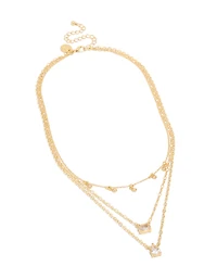 Gold Plated Cubic Zirconia Multi Shape Triple Layered Necklace