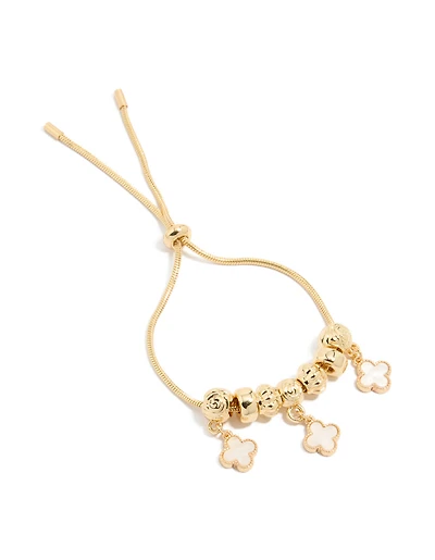 Gold Plated Beaded & Pink Genuine Shell Flower Inlay Charm Toggle Bracelet
