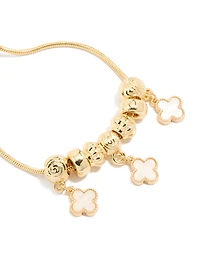 Gold Plated Beaded & Pink Genuine Shell Flower Inlay Charm Toggle Bracelet